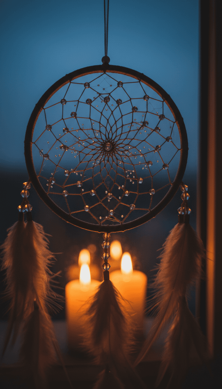 Crystal-beaded dreamcatcher silhouetted against a dusk sky