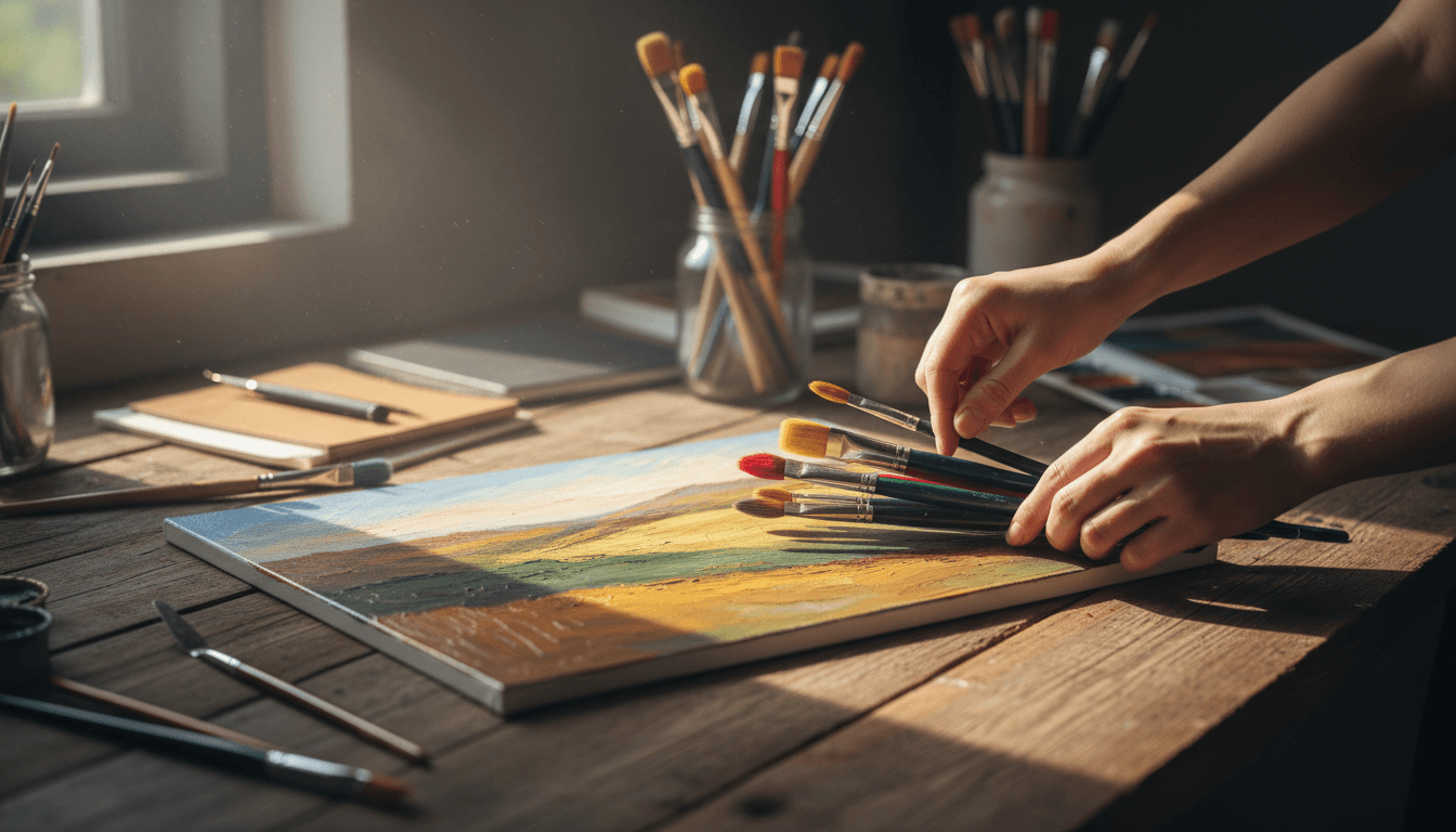 Hands arranging paintbrushes on a wooden table next to a colorful acrylic painting in progress