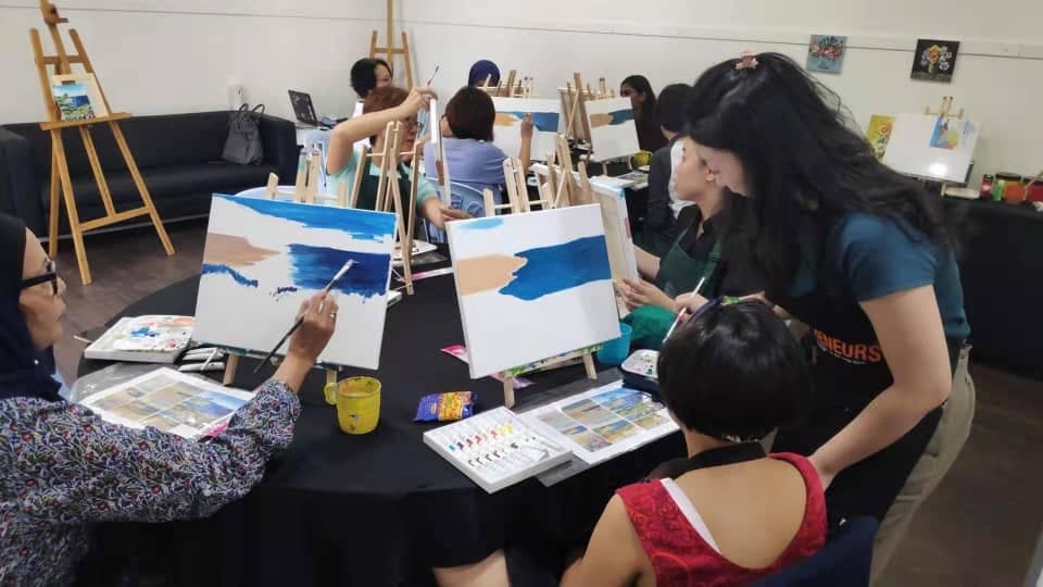 People sitting around a table in an art class painting landscapes on small canvases.