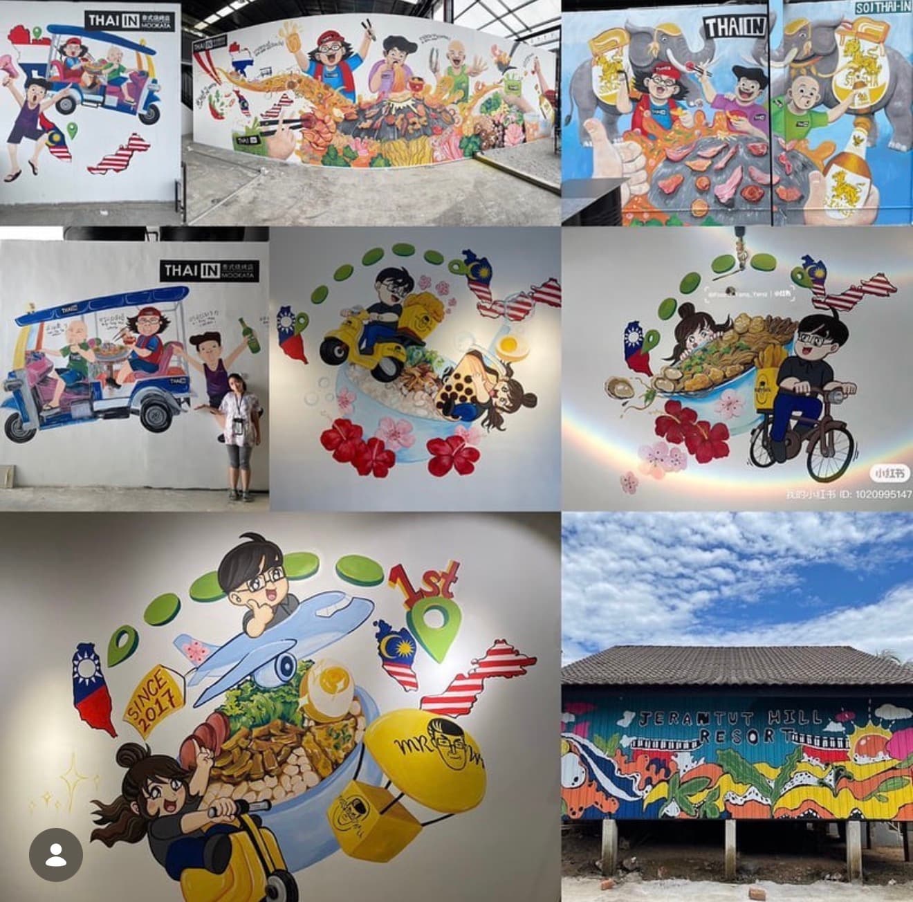 Vibrant cartoon murals depicting Thai and Malaysian food, travel, and culture on various walls.