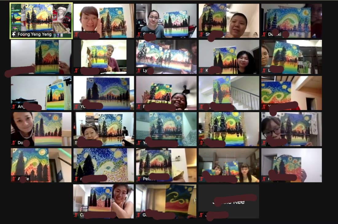 Video call grid of participants holding up their colorful landscape paintings from a virtual art class.