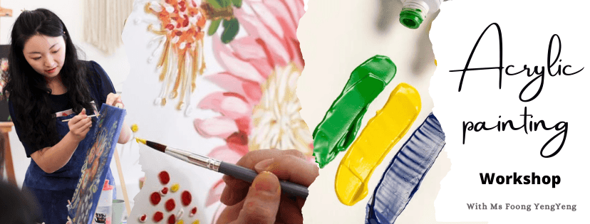 Woman painting on canvas next to vibrant paint smears for an acrylic painting workshop banner.