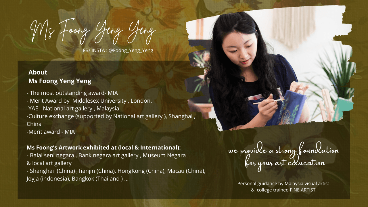Artist Ms Foong Yeng Yeng painting, with text detailing her professional awards and art education.